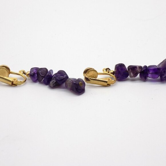 Vintage Genuine Amethyst Nuggets Dangle Drop Earrings Gold-tone Clip On - Picture 4 of 8